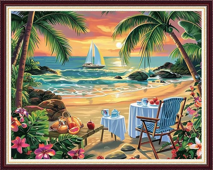 Stamped Cross Stitch Kits for Beginners Full Range of Cross Stitching 11 CT Printed Cross Stitch Kit for Adults Cross-Stitch Patterns Needlepoint Kits-Coconut trees rest by seaside 16x20 inchs