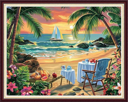 Stamped Cross Stitch Kits for Beginners Full Range of Cross Stitching 11 CT Printed Cross Stitch Kit for Adults Cross-Stitch Patterns Needlepoint Kits-Coconut trees rest by seaside 16x20 inchs