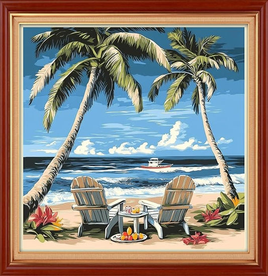 Joyhoor Stamped Cross Stitch Kits for Beginners Needlepoint Kits for Adults Embroidery Kits 11CT Counted Cross Stitch Kits Printed Embroidery Pattern-Drinking Tea Under Coconut Tree 18x18 inch