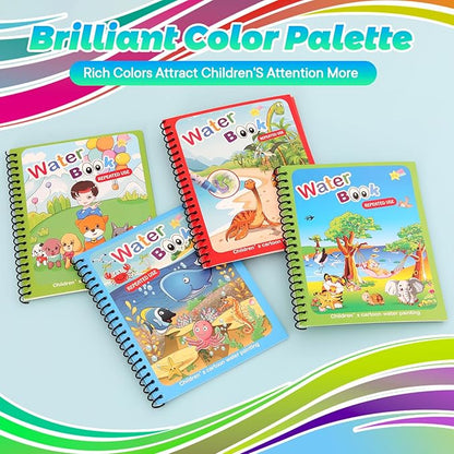 4 Pack Reusable Water Coloring Books for Toddlers, Paint with Water Books,Mess-Free Coloring Book, Portable Educational Doodle Drawing Toy, Improving Children's Imagination, Color Perception