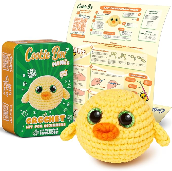 Cookie Box Crochet Kit for Beginners – Gift Set to Make Duck Daisy Amigurumi Plushie – Easy DIY Crochet & Knitting Starter Kit with Printed Instructions & Step-by-Step Video Tutorial