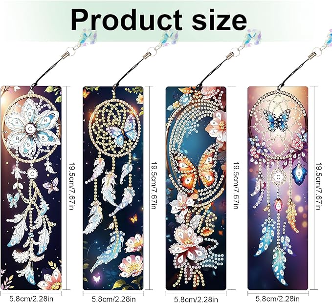 4 Pack Diamond Painting Bookmarks for Adults, 5D DIY Diamond Art Bookmark Kit with Tassels, Rhinestone Craft Supplies for Reading Lovers, Dreamcatcher & Butterfly Designs