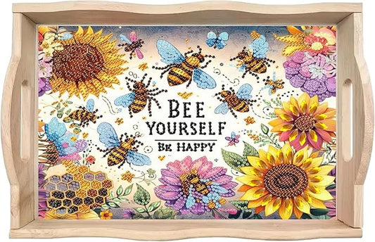 DoxQcs DIY Diamond Art Wooden Tray Kit Easter Food Tray with Handle Diamond Painted Table Decoration Tray for Breakfast Bar Dinner Table Diamond Art Painting for Beginners-#01-Sunflower Bee