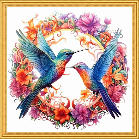 Foxhool Stamped Cross Stitch Kits,11CT Printed Cross Stitch Pattern Full Embroidery Kits for Beginner Needlepoint Kits-Hummingbird Wreath 18x18 inch