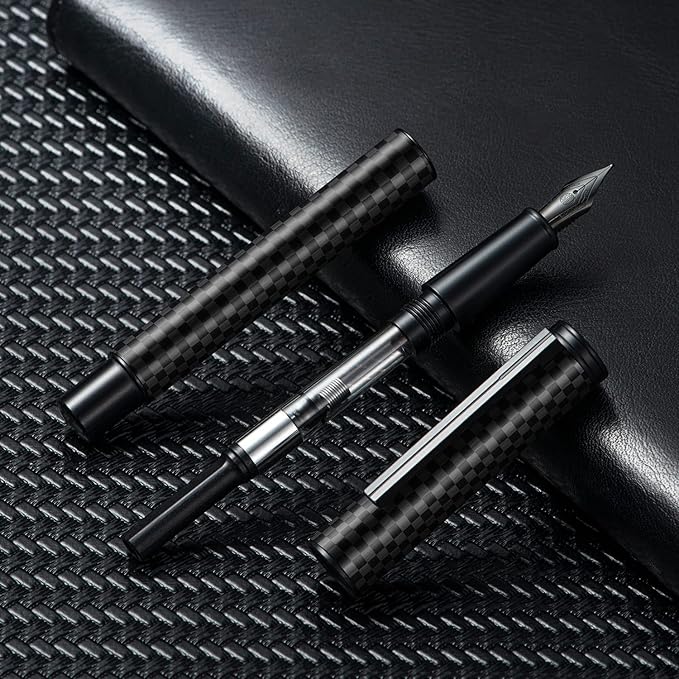 Hongdian Black Carbon Fiber Fountain Pen, Bent Nib Fude Pen for Calligraphy Writing (Fine to Broad) with Converter and Metal Pen Box Set