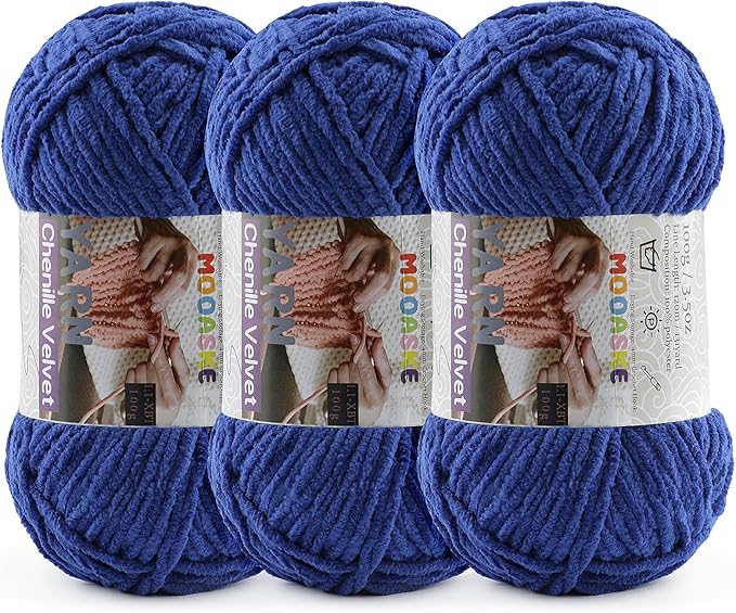 3 * 100g Chunky Yarn for Crocheting and Knitting - Easy to Use Plush Chenille Super Bulky Yarn 393yds - Ultra Soft Velvet Baby Blanket Yarn for Beginners & Amigurumi Projects, Dark Blue