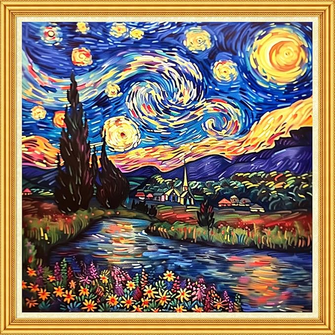 Foxhool Stamped Cross Stitch Kits,11CT Printed Cross Stitch Pattern Full Embroidery Kits for Beginner Needlepoint Kits-Van Gogh Starry Sky 18x18 inch