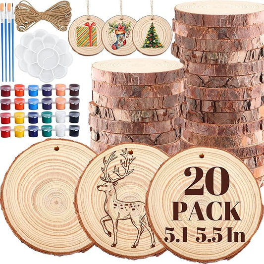 Kathfly 20 Pcs Unfinished Wood Slices with Hole for Centerpieces 5.1-5.5 Inch Natural Wood Craft Kits Round Wooden Discs with Paints Brush Palette for DIY Craft Christmas Ornament Wedding Home Decor