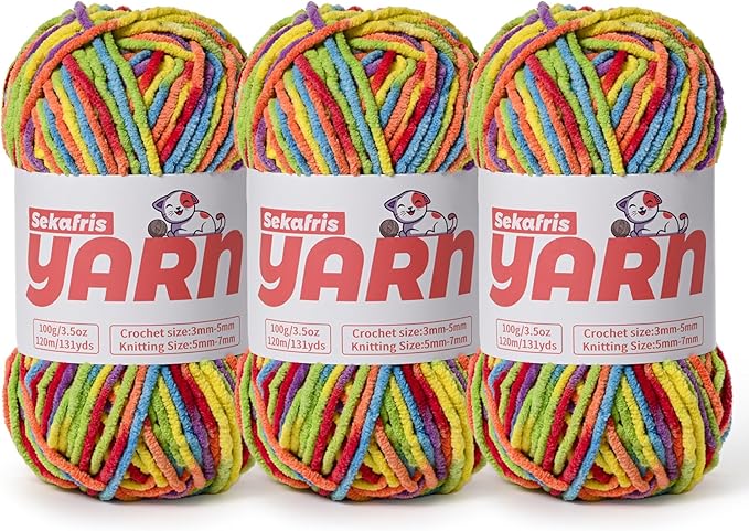 3 Pack Plush Chunky Chenille Yarn for Crocheting, Soft Fluffy Velvet Yarn for Crocheting, Fuzzy Baby Blanket Knitting Yarns, 300g/393yds Bulky Amigurumi Yarns（3 Rainbow）