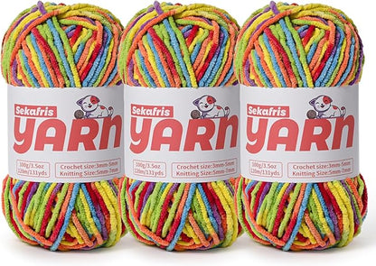 3 Pack Plush Chunky Chenille Yarn for Crocheting, Soft Fluffy Velvet Yarn for Crocheting, Fuzzy Baby Blanket Knitting Yarns, 300g/393yds Bulky Amigurumi Yarns（3 Rainbow）