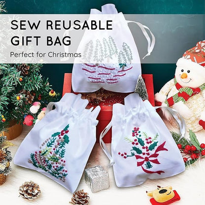 French Knot Embroidery Cotton Drawstring Christmas Gift Bag - Small Reusable Birthday Gift Bag for Girls, Women - Pure Cotton Embroidery Gift Pouch, Pack of 6 (4.5 x6.5 inch) (Single Christmas tree)
