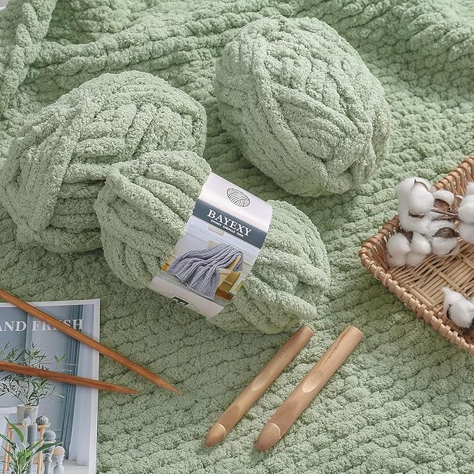 Chunky Chenille Yarn for Hand Knitting 8 Jumbo Pack Jumbo Chunky Yarn for Hand Soft Blanket Knitting, Bulky Thick Fluffy Yarn for Crocheting (Sage Green+Milky White)