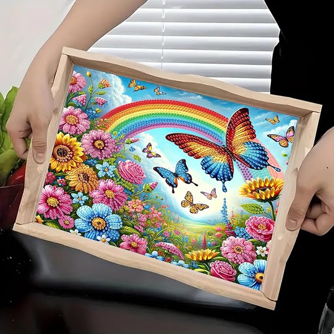 DoxQcs DIY Diamond Art Wooden Tray Kit Easter Food Tray with Handle Diamond Painted Table Decoration Tray for Breakfast Bar Dinner Table Diamond Art Painting for Beginners-#07-Rainbow Butterfly Bush