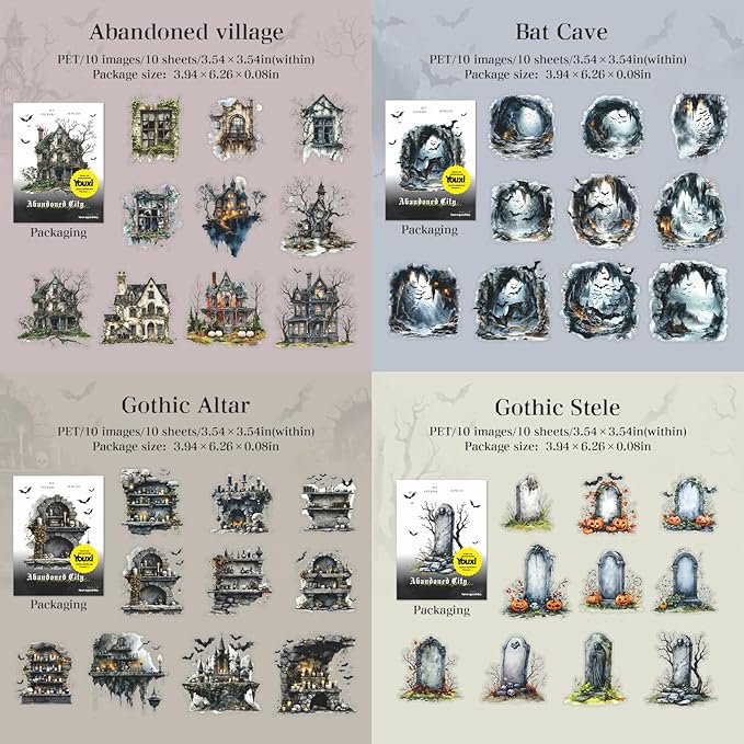 60 Pieces Aesthetic Gothic Dark Landscape Creation PET Sticker Set, 6 Pack Vintage Large Size PET Stickers for Scrapbooking, Journaling, Waterproof DIY Crafts, and Junk Journal