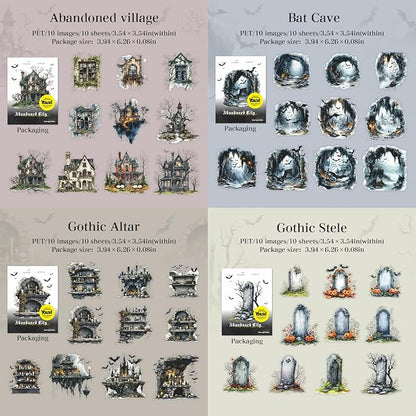 60 Pieces Aesthetic Gothic Dark Landscape Creation PET Sticker Set, 6 Pack Vintage Large Size PET Stickers for Scrapbooking, Journaling, Waterproof DIY Crafts, and Junk Journal