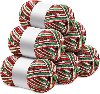 Timgle 6 Pcs Skeins Christmas Yarn for Crocheting 186 Yard Christmas Glitter Yarn Soft Each 100g/ 3.53 oz Knitting Crocheting Gift Craft Project Assorted Starter (Mixcolor Red Green White)