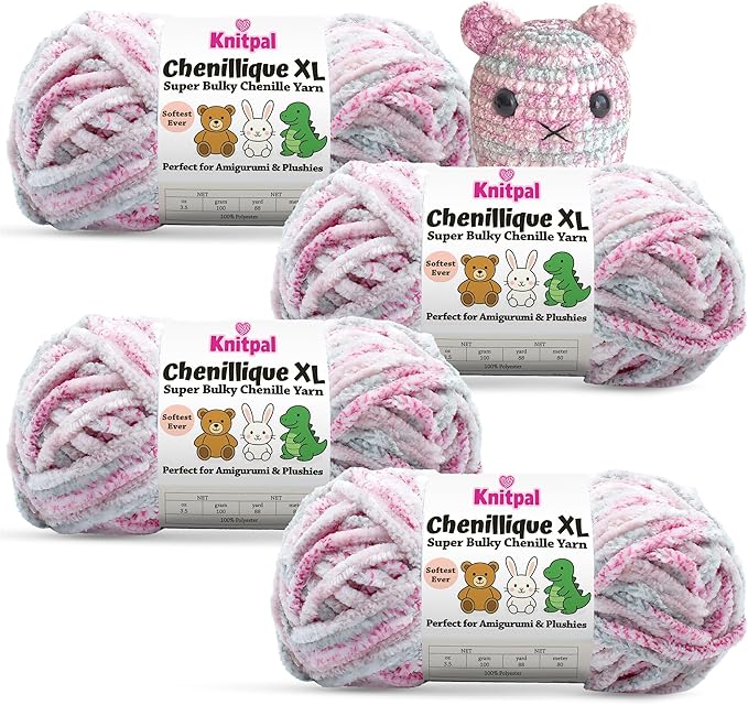Chenillique XL Plush Chenille Yarn – 4-Pack (352 Yards / 400 g) – Variegated Super Bulky Yarn for Plushies, Blankets, Amigurumi & Accessories - Dusky Rose