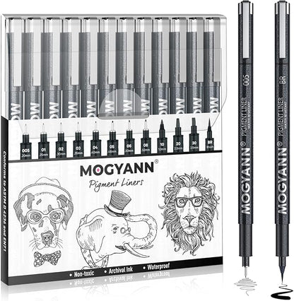 Mogyann Drawing Pens Black Art Pens for Drawing 12 Size Waterproof Ink Pens for Artists Sketching, Manga, Writing