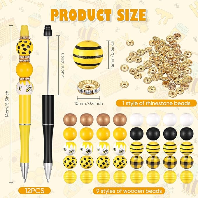 Geyee 12 Set Plastic Beadable Pens Assorted Bead Pens Crystal Wood Round Spacer Set Black Ink DIY Ballpoint for Women Men Gift Office Supplies(Bee)