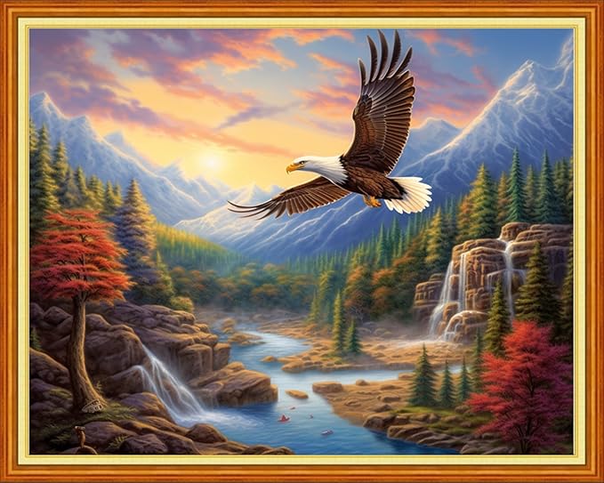 DMCVIVR Stamped Cross Stitch Kits for Adults Beginners Embroidery Kits 11CT Needlepoint Kits Cross Stitch Patterns Embroidery Patterns-Eagle Mountain and River 16x20 inch