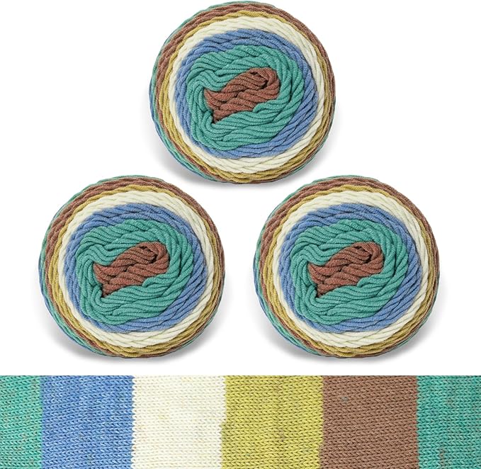 Franel Cotton Acrylic Yarn-45% Cotton 55% Acrylic, 3 Skeins of 100g Each, Gradient-White Blue Yellow Brown Green, Perfect for Crocheting Knitting Scarves Shawls Blankets Gradient Variegated Yarn