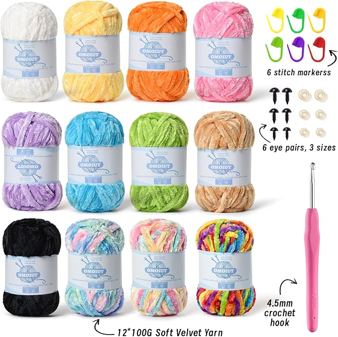 12 Pack 590 (yd) Chunky Chenille Yarn for Crocheting and Hand Knitting with Black Red White Green Yellow Rainbow Plush Velvet Yarn，Baby Blanket Yarn for Crocheting Soft Amigurumi Yarn