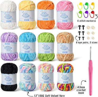 12 Pack 590 (yd) Chunky Chenille Yarn for Crocheting and Hand Knitting with Black Red White Green Yellow Rainbow Plush Velvet Yarn，Baby Blanket Yarn for Crocheting Soft Amigurumi Yarn