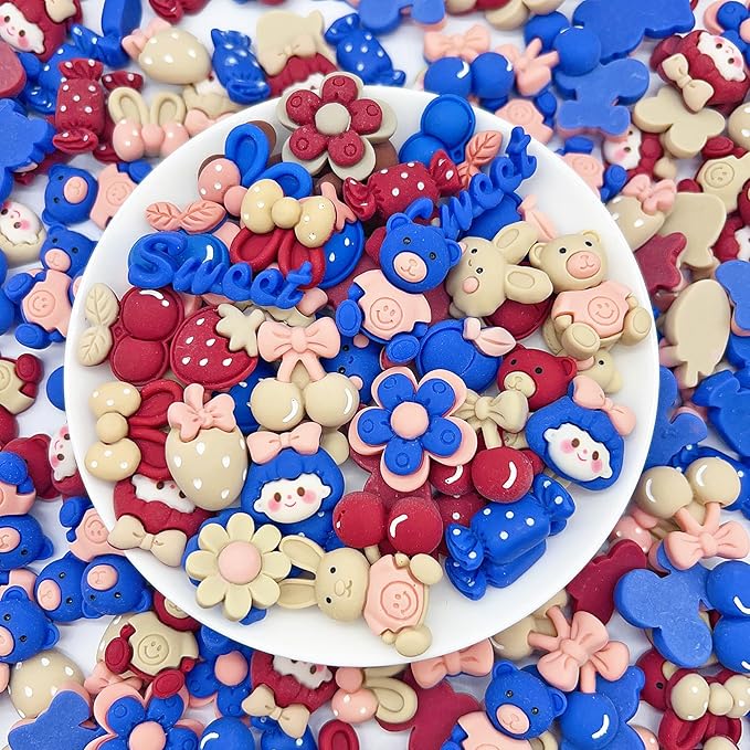 50 Pcs Flatback Cute Resin Slime Charms Bulk for Crafts, Flat Back Mixed Charms for Slime, Slime Charm Bulk for DIY Art Craft Making Kit (Burgundy Blue Khaki)