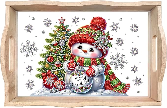 DIY Diamond Art Painting Wooden Tray Kit With Handle, Food Tray for Breakfast, Bar Dinner Table Decoration, Diamond Dots Gem Painting Art Set for Beginners-Snowman2