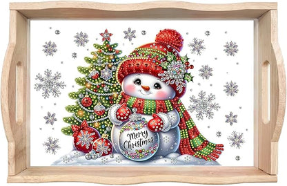 DIY Diamond Art Painting Wooden Tray Kit With Handle, Food Tray for Breakfast, Bar Dinner Table Decoration, Diamond Dots Gem Painting Art Set for Beginners-Snowman2