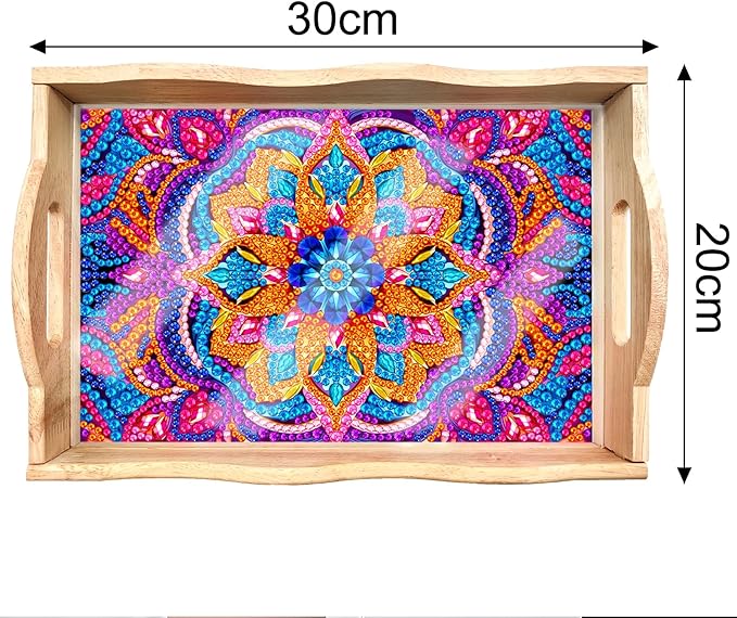 FGbaby DIY 5D Purple Mandala Diamond Painting Wood Serving Tray with Handles Diamond Art Decor Serving Trays Wooden Tray for Breakfast in Bed, Patio, BBQ, Coffee Table, Party –Great for Lap & Couch