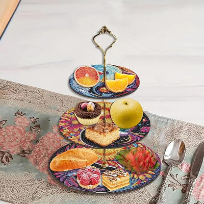 Three-Tier Diamond Painting Wooden Cake Stand DIY Sunflower Diamond Painting Cupcake Towel-Lined Tiered Tray Reusable Pastry Stand (Sunflower)