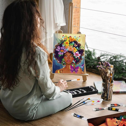 Cholemy 36 Pcs Valentine Paint and Sip Kit for Adults 8''x10'' Pre Drawn Canvas for Painting DIY Afro Acrylic Painting Kit Wood Easel Brushes Date Night Bulk for Party Gifts(Flower Lady)