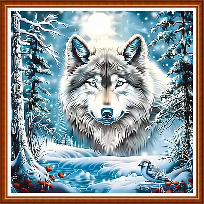 Joyhoor Stamped Cross Stitch Kits for Beginners Needlepoint Kits for Adults Embroidery Kits 11CT Counted Cross Stitch Kits Printed Embroidery Pattern-Abstract Wolf Snow Scene 18x18 inchs