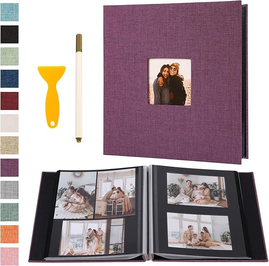 Self Adhesive Photo Album Black Pages Scrapbook Magnetic Photo Albums for 4x6 5x7 8x10 Pictures Books with Sticky Pages with A Metallic Pen for Baby Family Wedding 13.2x12.8 Purple 60 Pages