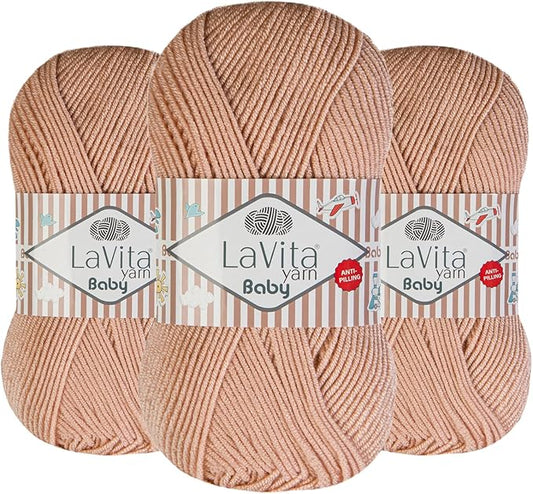 LaVita Baby Premium Anti-Pill Acrylic Yarn - 820 Yards, 3 x 3.5 oz - Warm, Airy Fiber with Silky Texture - Oeko-TEX Certified, Durable, Lightweight, Long-Lasting, Solid Pastel Colors - 3 Skeins Pack
