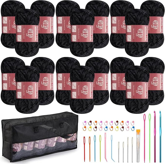 LUNARM 18 Skeins Chenille Yarn for Crocheting, Handmake Weaving Thick Soft Chunky Yarn for Blankets Clothes Crochet Craft with Crochet Hooks Needles Stitch Markers,3.53oz/Skein(Black)