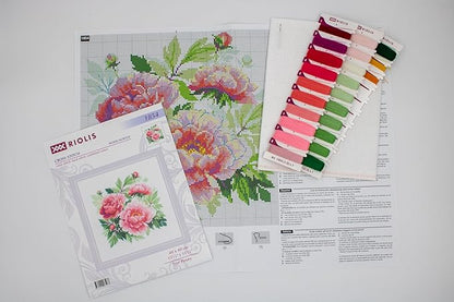 RIOLIS - Tree Peony 1854, Floral Cross Stitch Kits 15,75" x15,75, Cross Stitch Kits for Beginners & Advanced, Crossstitching Kits Adult, Counted Stitching Kits, Flowers Embroidery Kit