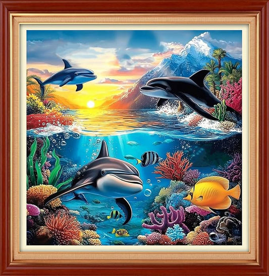 Foxhool Stamped Cross Stitch Kits,11CT Printed Cross Stitch Pattern Full Embroidery Kits for Beginner Needlepoint Kits&Marine Animal World 18x18 inch