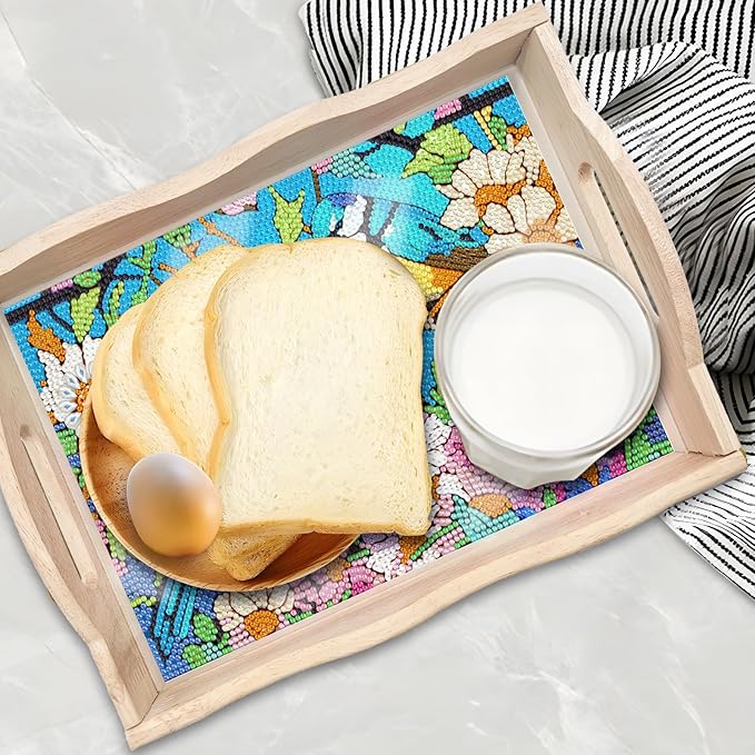 DIY Diamond Art Wooden Tray Kit With Handle, Food Tray for Breakfast, Bar Dinner Table Decoration, Diamond Dots Gem Painting Art Set for Beginners (#02-Birds)