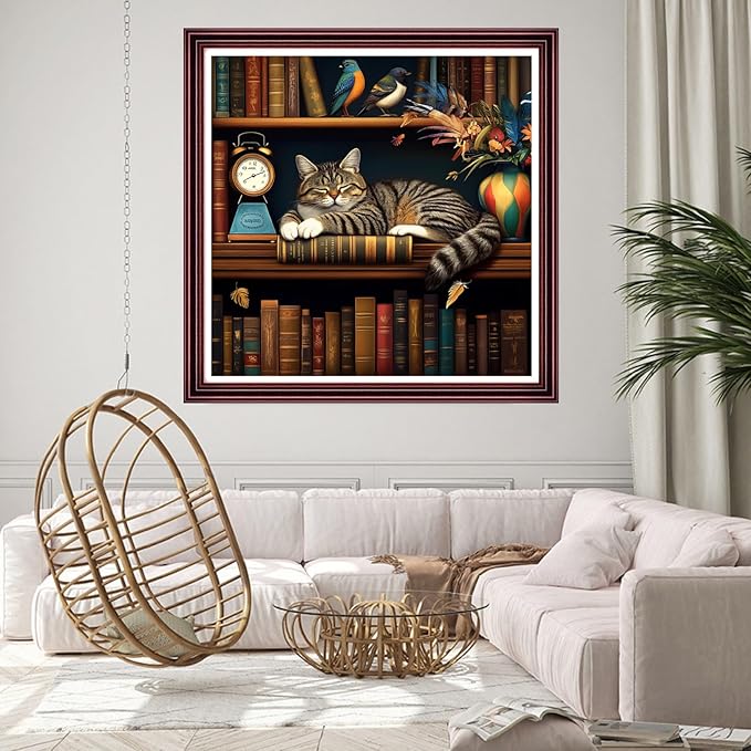 DMCCRAFT Stamped Cross Stitch Kits for Adults 11CT Printed Cross-Stitch Patterns Embroidery Kits Easy Cross Stitching Needlepoint Kits Crossstitch-The Sleeping cat on The Bookshelf 18x18 inch