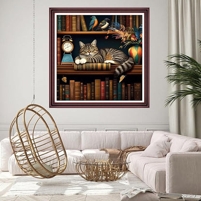 DMCCRAFT Stamped Cross Stitch Kits for Adults 11CT Printed Cross-Stitch Patterns Embroidery Kits Easy Cross Stitching Needlepoint Kits Crossstitch-The Sleeping cat on The Bookshelf 18x18 inch