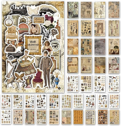 Prstincol Vintage Aesthetic Washi Stickers and Papers for Scrapbooking, 40 Sheets Ephemera Book for Art Journaling with Retro Nostalgic Theme Stickers and Decoupage Papers for Junk Journal