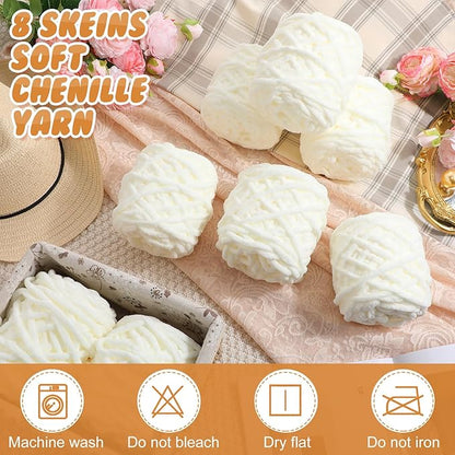 Buryeah 8 Pack Chunky Chenille Yarn for Crocheting Soft Thick Fluffy Yarn for Hand Knitting Bulky Velvet Blanket Plush for Weaving DIY Crafts Each 3.5 oz 55 Yards (Cream)