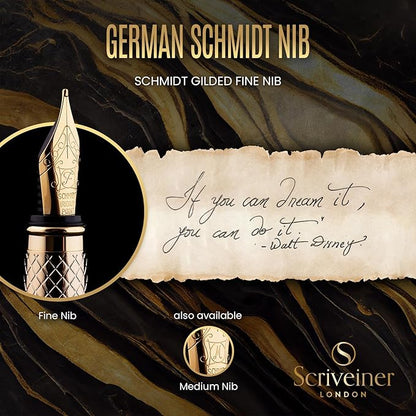 Scriveiner Luxury Fountain Pen - Stunning Luxury Pen, Real Gold Finish, Schmidt Gilded Nib (Fine), Converter, Best Pen Gift Set for Men & Women, Professional, Executive, Office, Nice Pens
