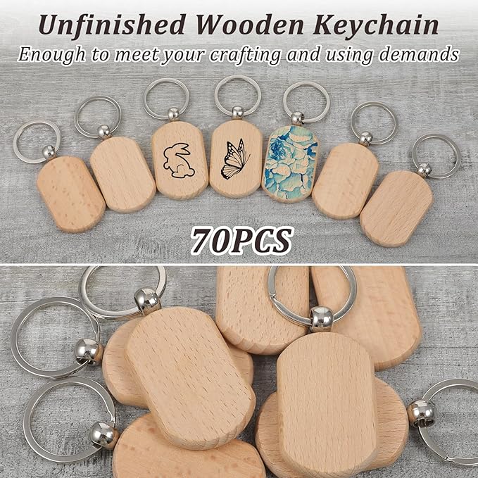 70 PCS Wooden Keychain Blanks, Wood Engraving Blanks Key Chain, Unfinished Rectangle Round Wood Key Tag for DIY Crafts