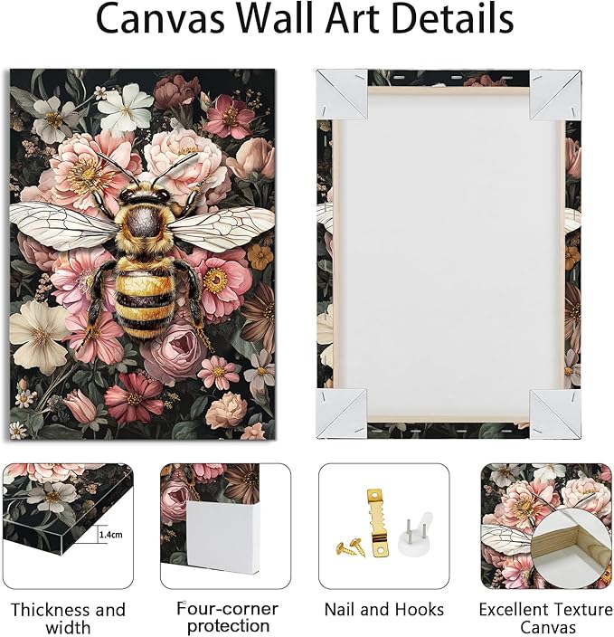 WENGTIAO 3Pcs Vintage Insect Canvas Wall Art Gothic Dark Flower Prints Bee Butterfly Dragonfly Pictures Nature Plant Paintings Artwork for Living Room Bathroom Bedroom 16x24x3