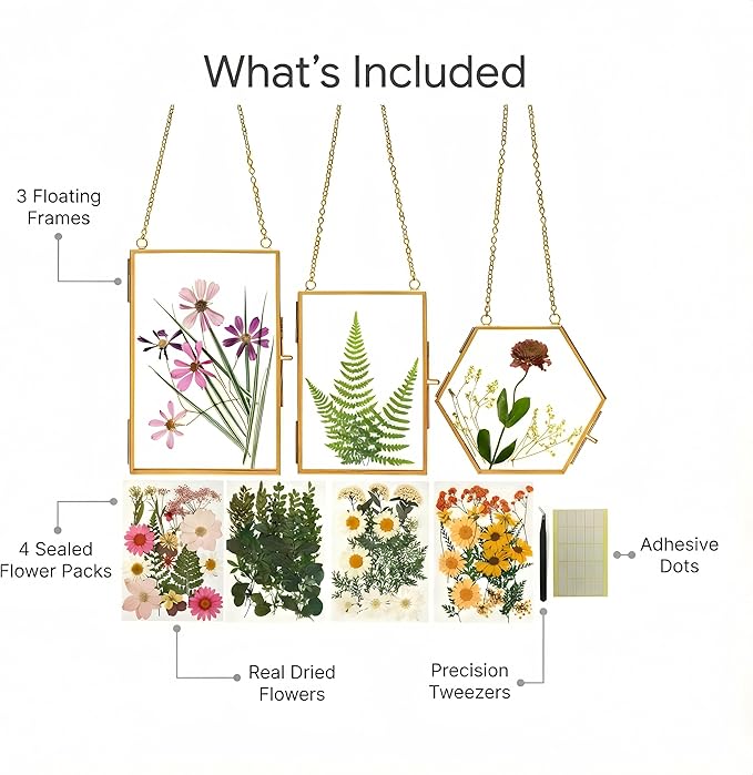 Relaxing Garden Pressed Flower Craft Kit for Adults & Women, DIY Floating Double Glass Frame Kit with Real Dried Flowers, Handmade Gift Art Project for Home Décor, Keepsake & Creative Crafts