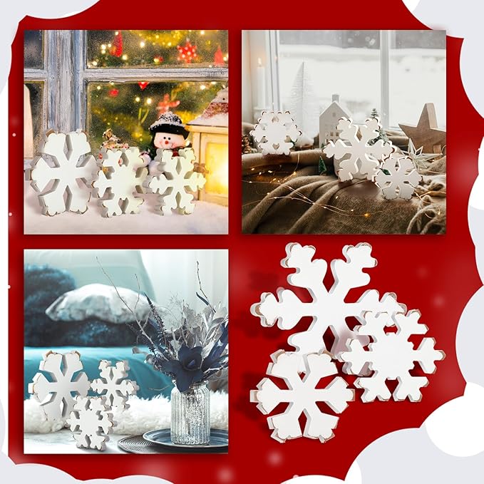 Bucherry 3 Pcs Winter Wooden Snowflake Decor Rustic Winter Snowflake Table Signs Wonderland Wood Blocks Farmhouse Christmas Tiered Tray Decorations for Xmas Table Shelf(Retro White)