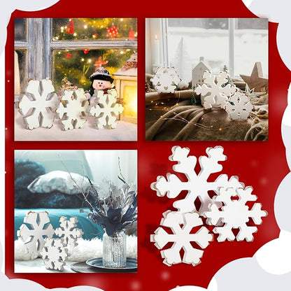 Bucherry 3 Pcs Winter Wooden Snowflake Decor Rustic Winter Snowflake Table Signs Wonderland Wood Blocks Farmhouse Christmas Tiered Tray Decorations for Xmas Table Shelf(Retro White)